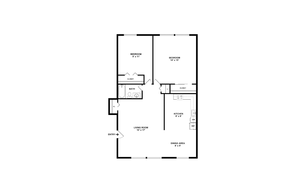 2-bed 1-bath Large Campus Terrace Floorplan