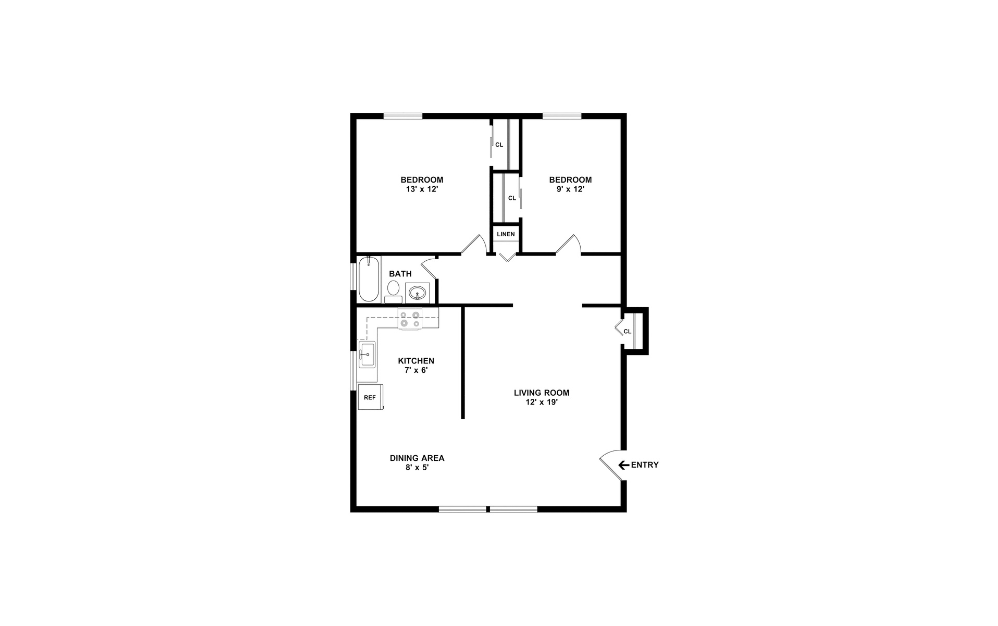 2 Bed 1 Bath Standard Floorplan