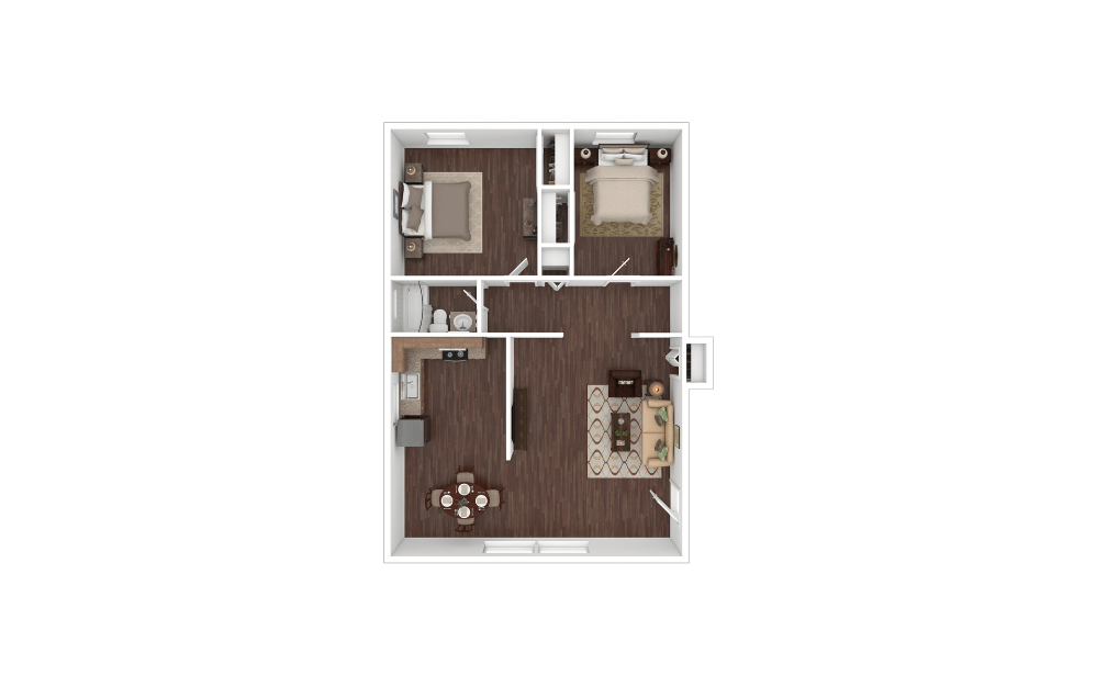 2 Bed 1 Bath Standard Furnished Floorplan